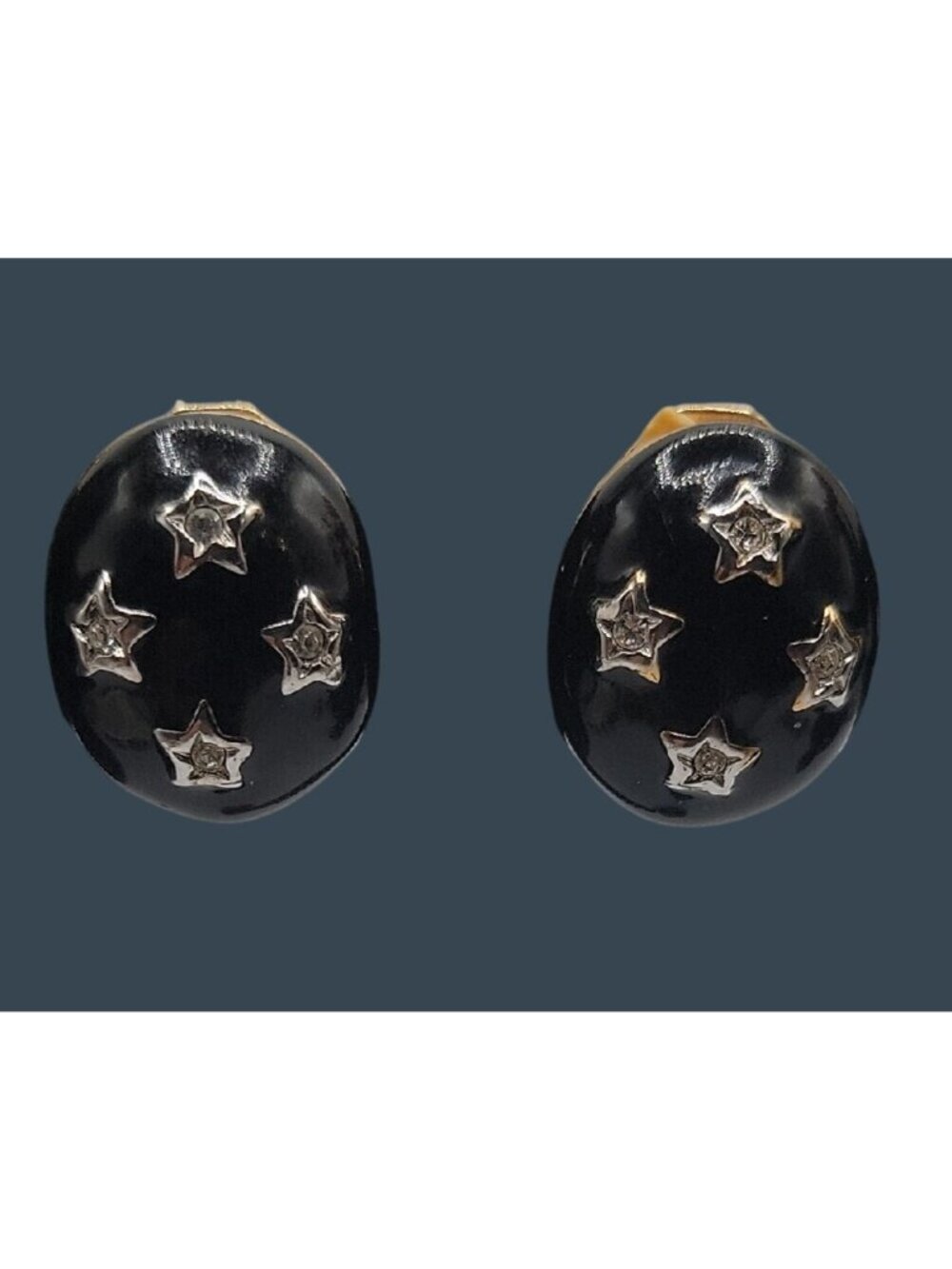 Courreges Paris Black Enamel Starburst Clip On Earrings Modernist Celestial Star